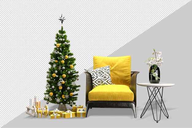 Kerstboom en fauteuil in 3d-rendering