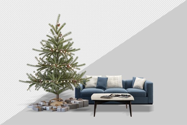 Kerstboom en fauteuil in 3d-rendering