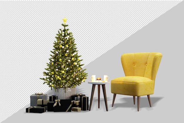 Kerstboom en fauteuil in 3d-rendering