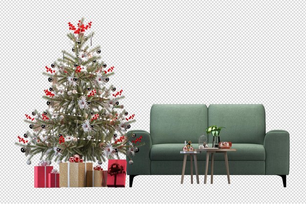 PSD kerstboom en fauteuil in 3d-rendering