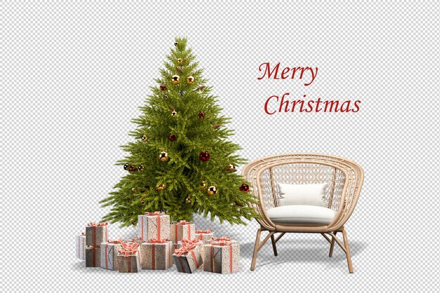 Kerstboom en fauteuil in 3d-rendering