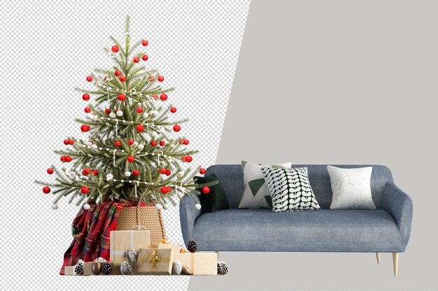 Kerstboom en fauteuil in 3d weergegeven