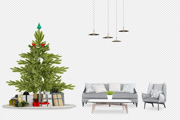 Kerstboom en moderne bank in 3d-rendering