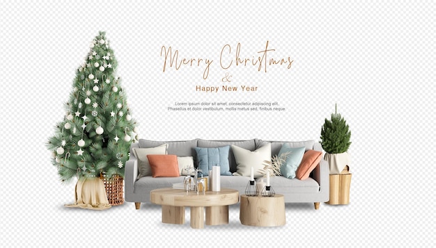 Kerstboom en moderne fauteuil in 3d-rendering