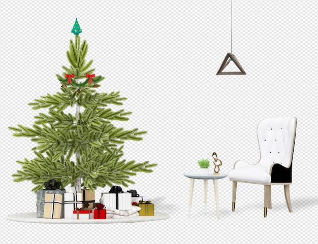 Kerstboom en moderne fauteuils in 3d-rendering