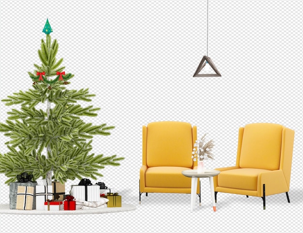 Kerstboom en moderne fauteuils in 3d-rendering