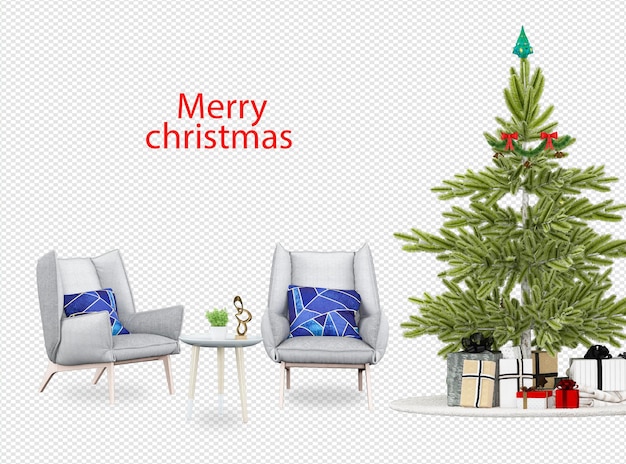 Kerstboom en moderne fauteuils in 3d-rendering