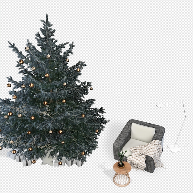 Kerstboom en moderne fauteuils in 3d-weergave