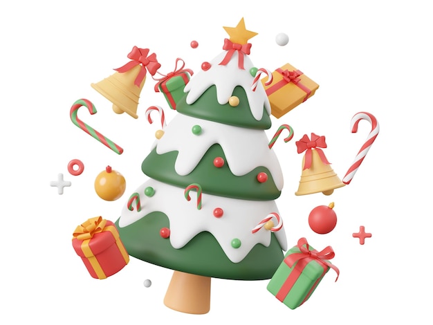 Kerstboom met cadeau en decoratie Kerstthema-elementen 3d illustratie