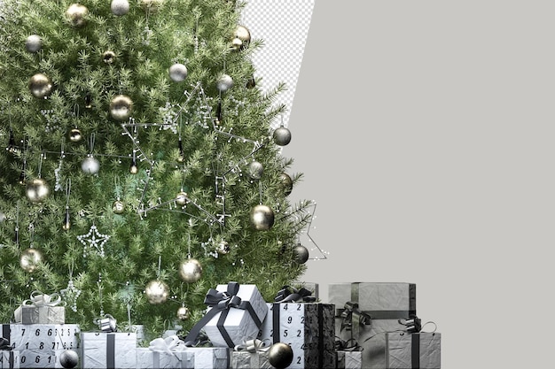 PSD kerstboomgeschenken en fauteuil in 3d geïsoleerd geïsoleerd