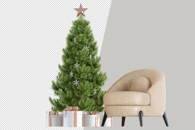 PSD kerstboomgeschenken en fauteuil in 3d geïsoleerd geïsoleerd