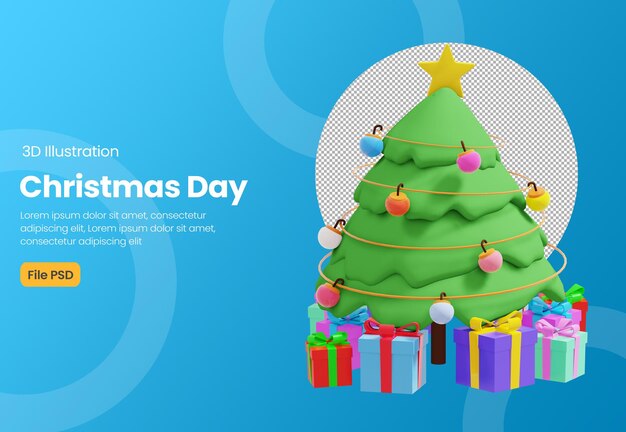 Kerstdag thema 3d illustratie met kerstboom en geschenkdoos