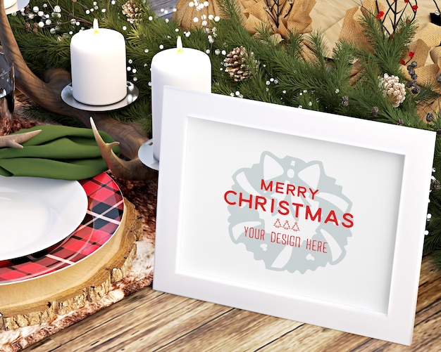 PSD kerstdecoratie met fotolijst en kerstaccessoires op tafelmodel
