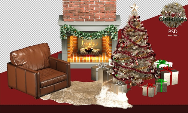 PSD kerstdecoratie met warme en rustieke meubels kerstboom en geschenkdozen bank open haard