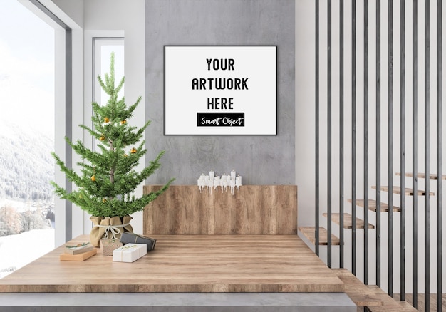 PSD kerstinterieur met horizontaal frame mockup