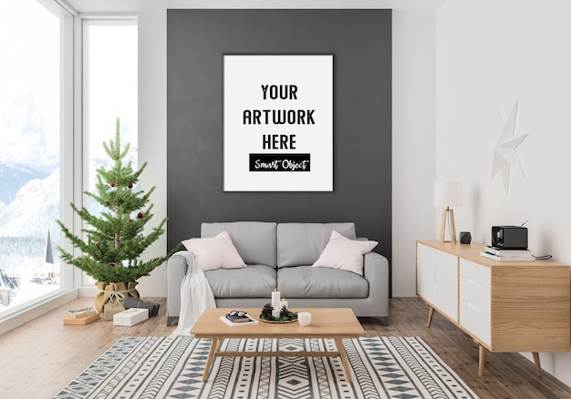 Kerstinterieur met verticaal frame mockup