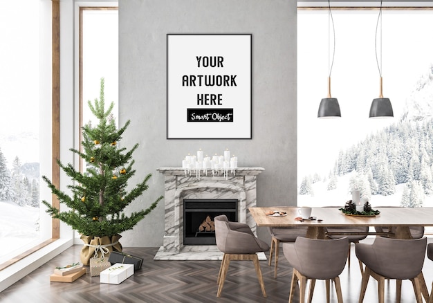 PSD kerstinterieur met verticaal frame mockup