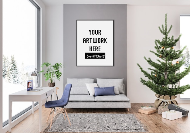 Kerstinterieur met verticaal frame mockup