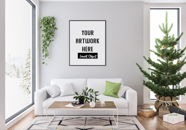 Kerstinterieur met verticaal frame mockup