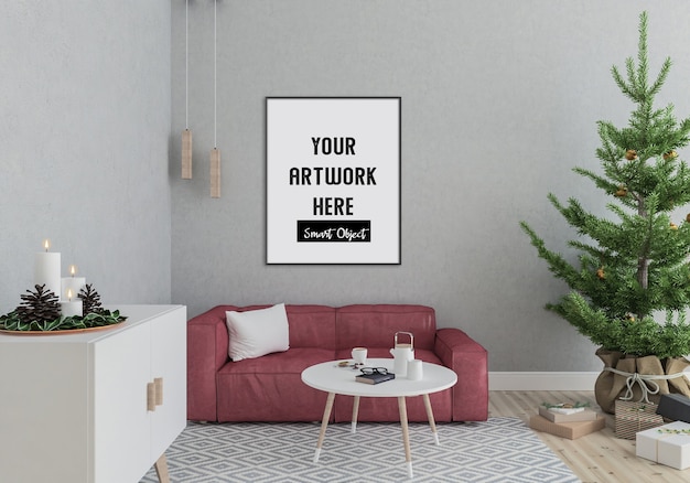 Kerstinterieur met verticaal frame mockup