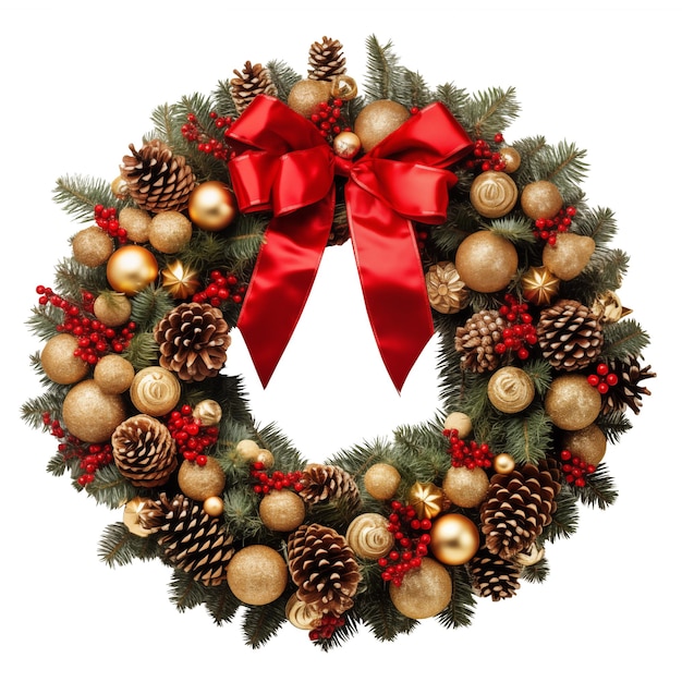 PSD kerstkrans met ornamenten van mistletoe takken dennen kegels en gouden ballen geïsoleerd op witte achtergrond