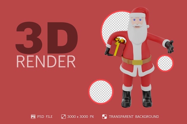 PSD kerstman brengt geschenkdoos 3d-personage met geïsoleerde achtergrond