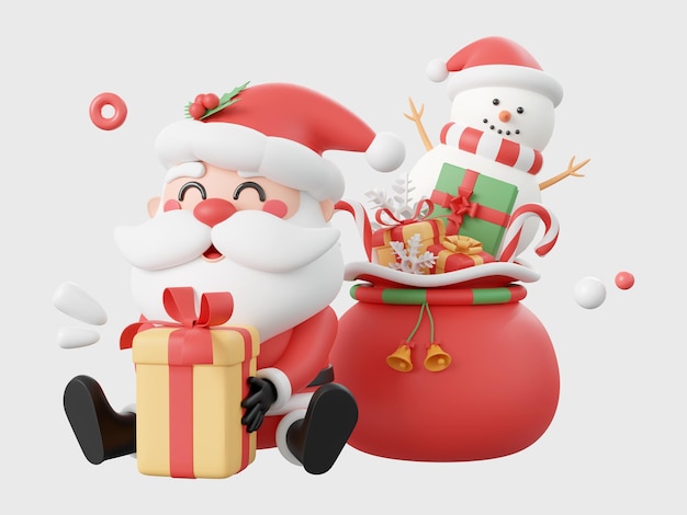 Kerstman met kerstcadeau en sneeuwpop Kerstthema-elementen 3d illustratie