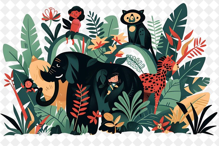 PSD kerstmis in de jungle met mowgli en zijn dierlijke vrienden d illustratie kerstmis kunstontwerp