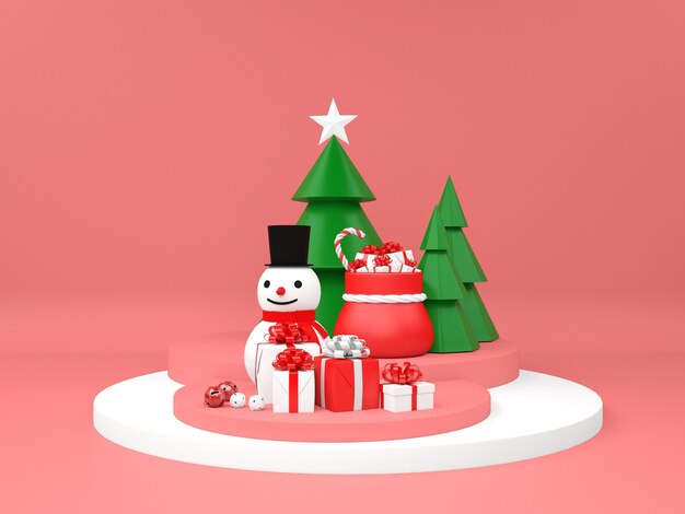 Kerstpodium met sneeuwpopvoetstuk en geschenken
