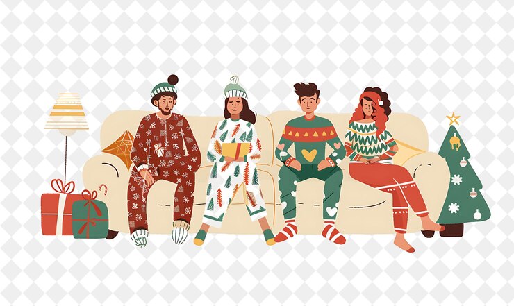 PSD kerstpyjamafeest met personages die zich ontspannen in feestelijke s illustratie kerstkunstontwerp