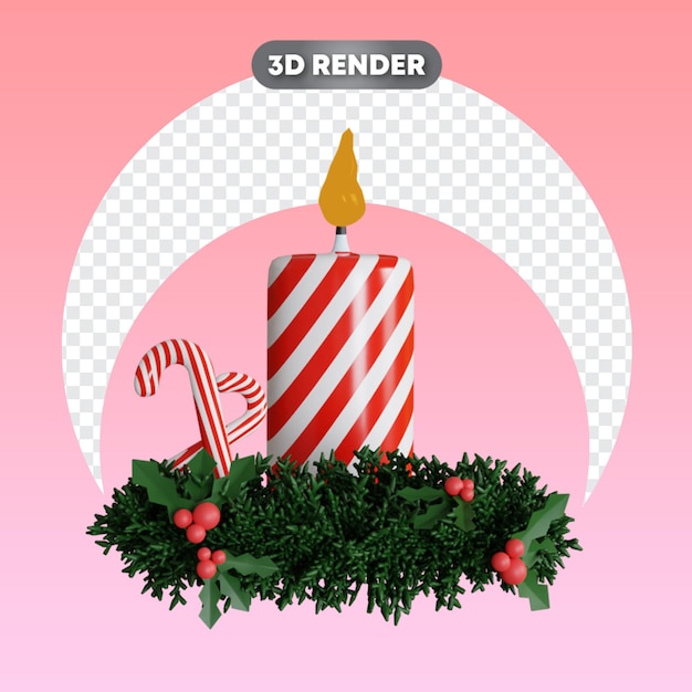 PSD kerstsnoepkaars met krans en snoepriet 3d-object