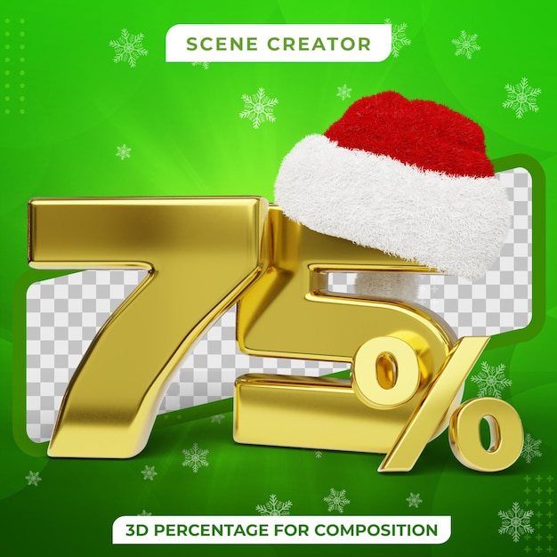 Kerstuitverkoop 75 procent korting 3d gouden tekst met kerstmuts 3d render