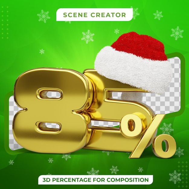 Kerstuitverkoop 85 procent korting 3d gouden tekst met kerstmuts 3d render