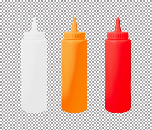 PSD senape ketchup e bottiglia vuota su uno sfondo bianco