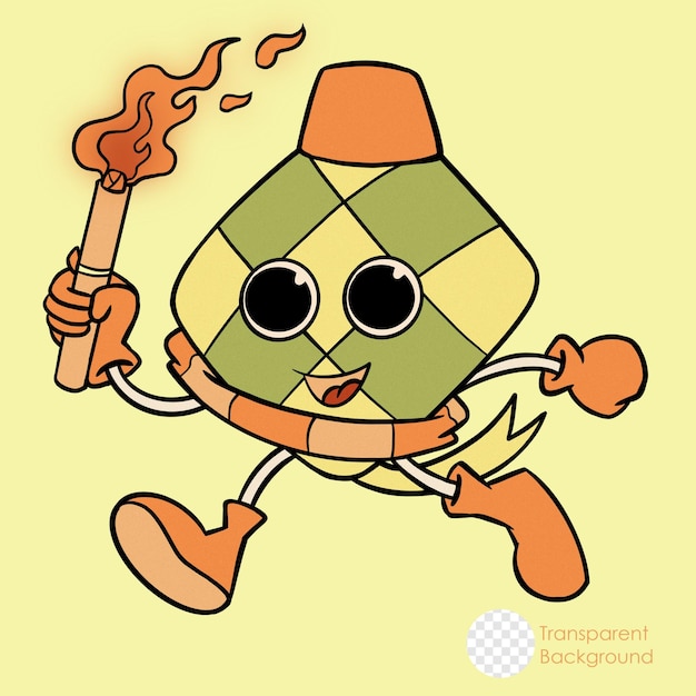 Il personaggio della mascotte di ketupat porta la torcia, stile di illustrazione alla moda
