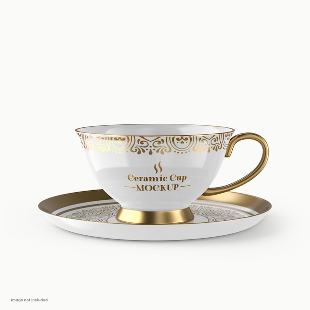 Keuken servies ontwerp en drink concept thee of koffie kop en schotel met goud folie ontwerp mockup