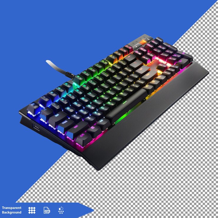 a keyboard with multicolored keys and a blue background
