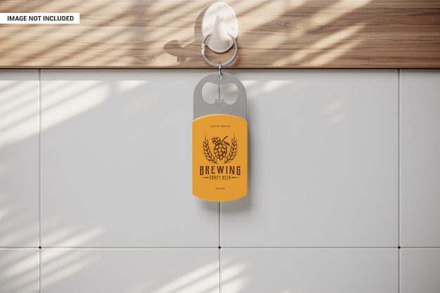 PSD keychain bottle opener hanging on the hook mockup