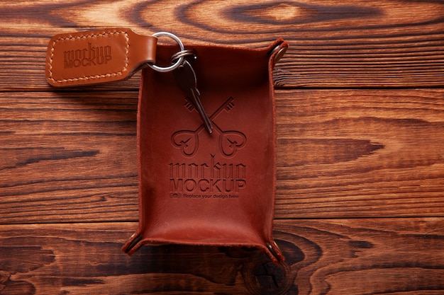 keychain in leather tray mockup