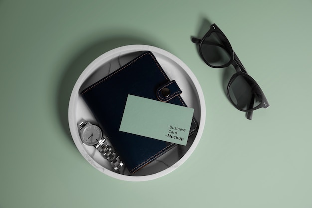 PSD keychain with business card mockup in a tray