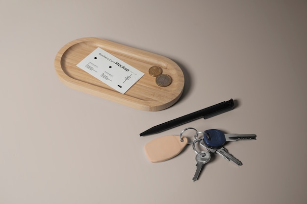 Keychain with business card mockup in a tray