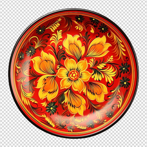 PSD khokhloma dish with shallow edges isolated on transparent background