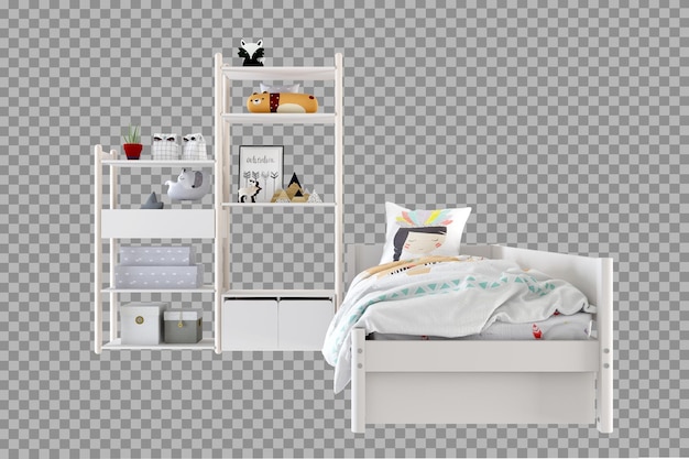 PSD kid bed en plank in 3d-rendering geïsoleerd