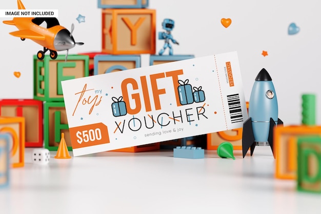 PSD kid gift certificate with toys mockup