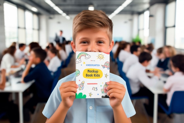 PSD kid holding book mockup