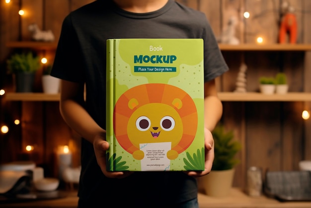 Kid holding book mockup