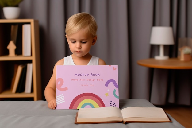 Kid holding book mockup