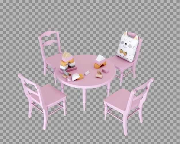 Kid tafel en stoelen in 3d-rendering geïsoleerd