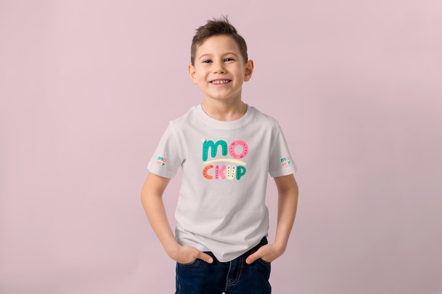 PSD kid wearing tshirt mockup design