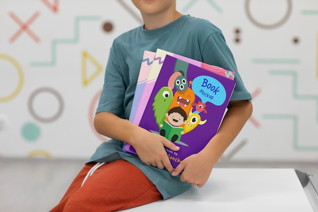 PSD kid with book mockup design